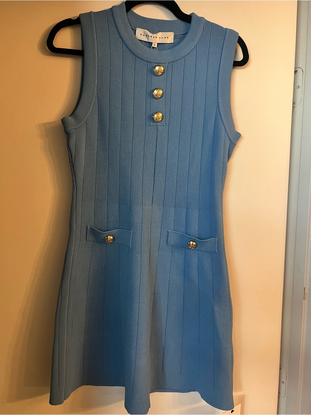 Endless Rose Sleeveless Sky Blue Knit Dress with Gold Buttons
